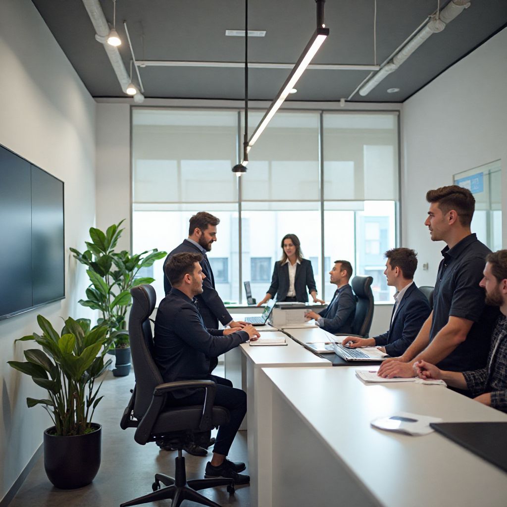 Oficina moderna de SegurAuto con empleados atendiendo clientes